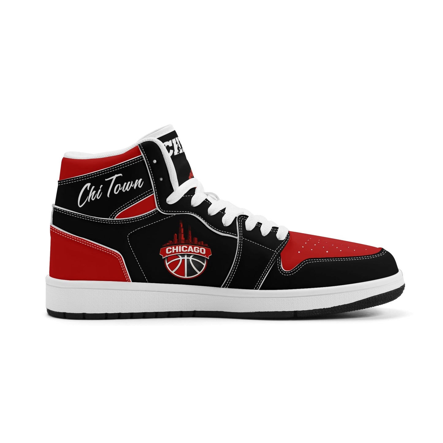 Chicago basketball-inspired high top sneakers in black with all-over city graphic printed upper