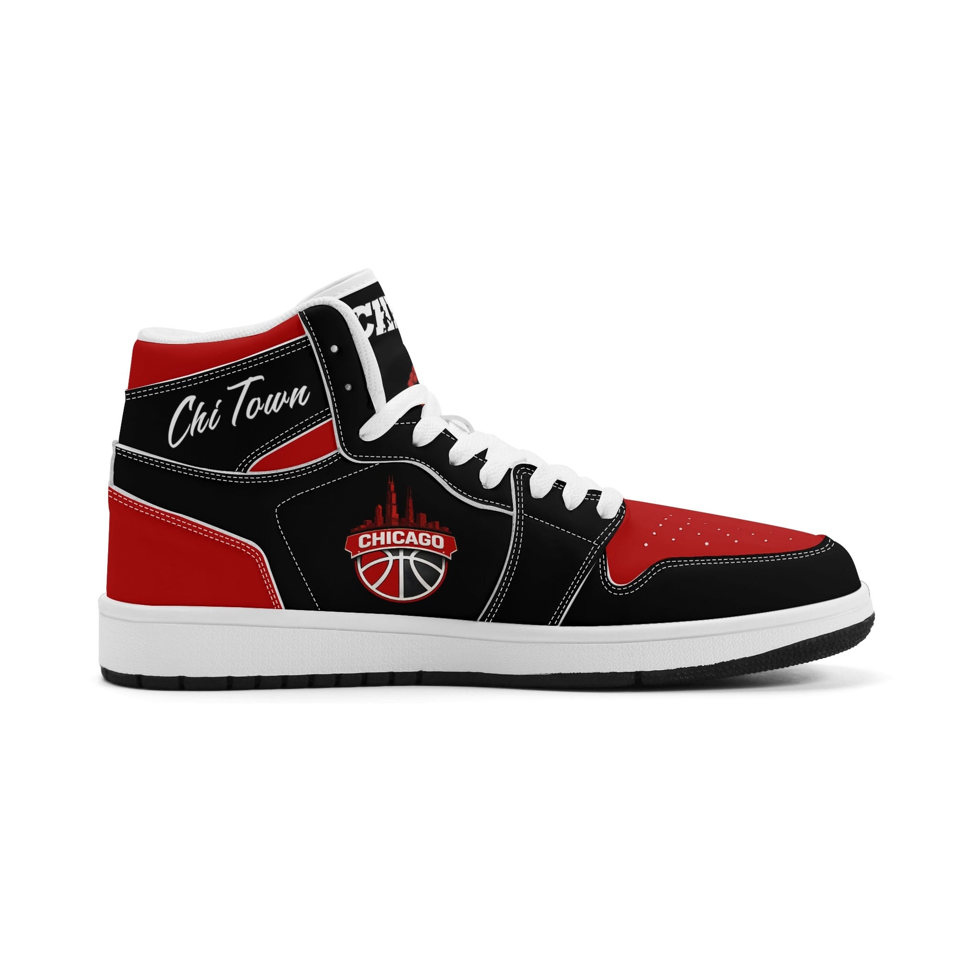 Chicago basketball-inspired high top sneakers in black with all-over city graphic printed upper