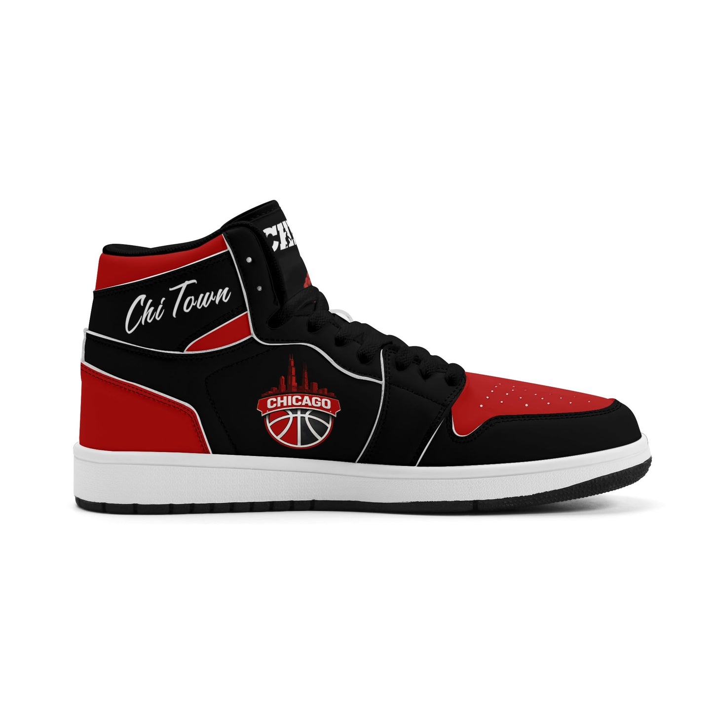 Chicago basketball-inspired high top sneakers in black with all-over city graphic printed upper