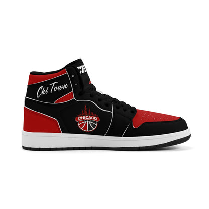 Chicago basketball-inspired high top sneakers in black with all-over city graphic printed upper