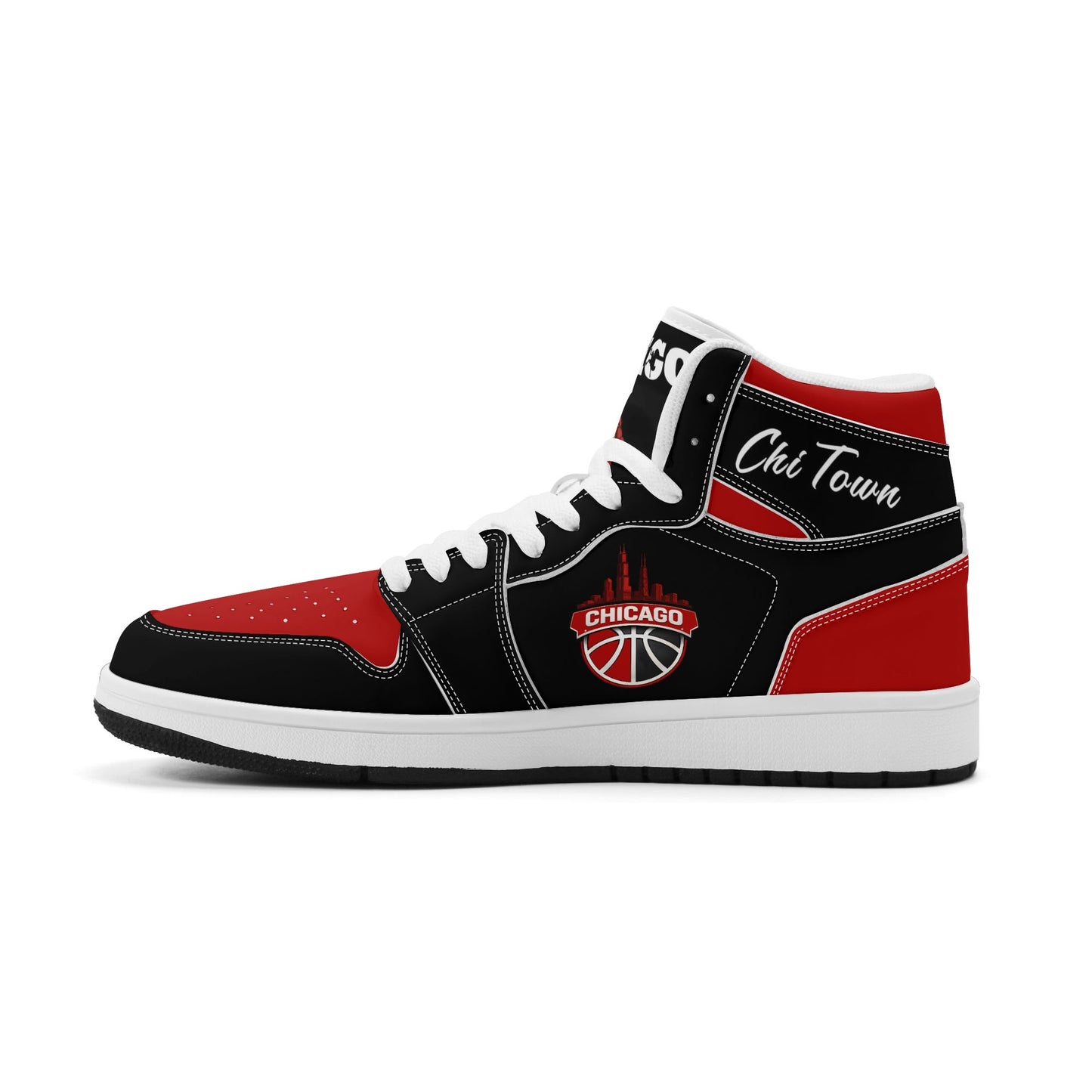 Chicago basketball-inspired high top sneakers in black with all-over city graphic printed upper