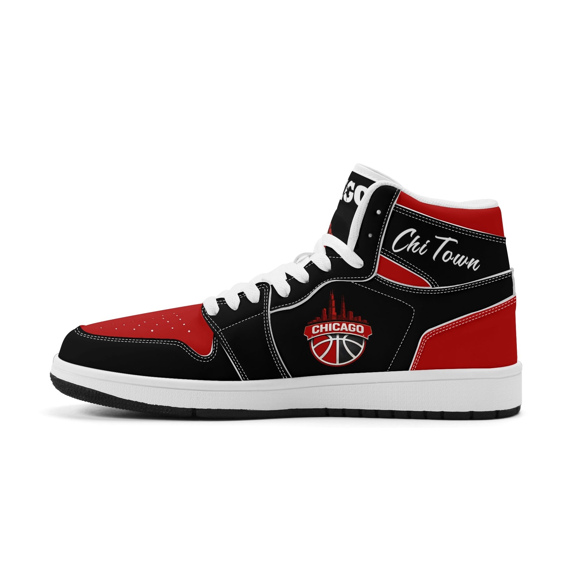 Chicago basketball-inspired high top sneakers in black with all-over city graphic printed upper