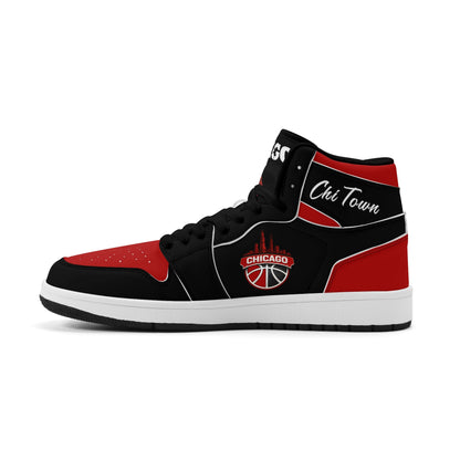 Chicago basketball-inspired high top sneakers in black with all-over city graphic printed upper