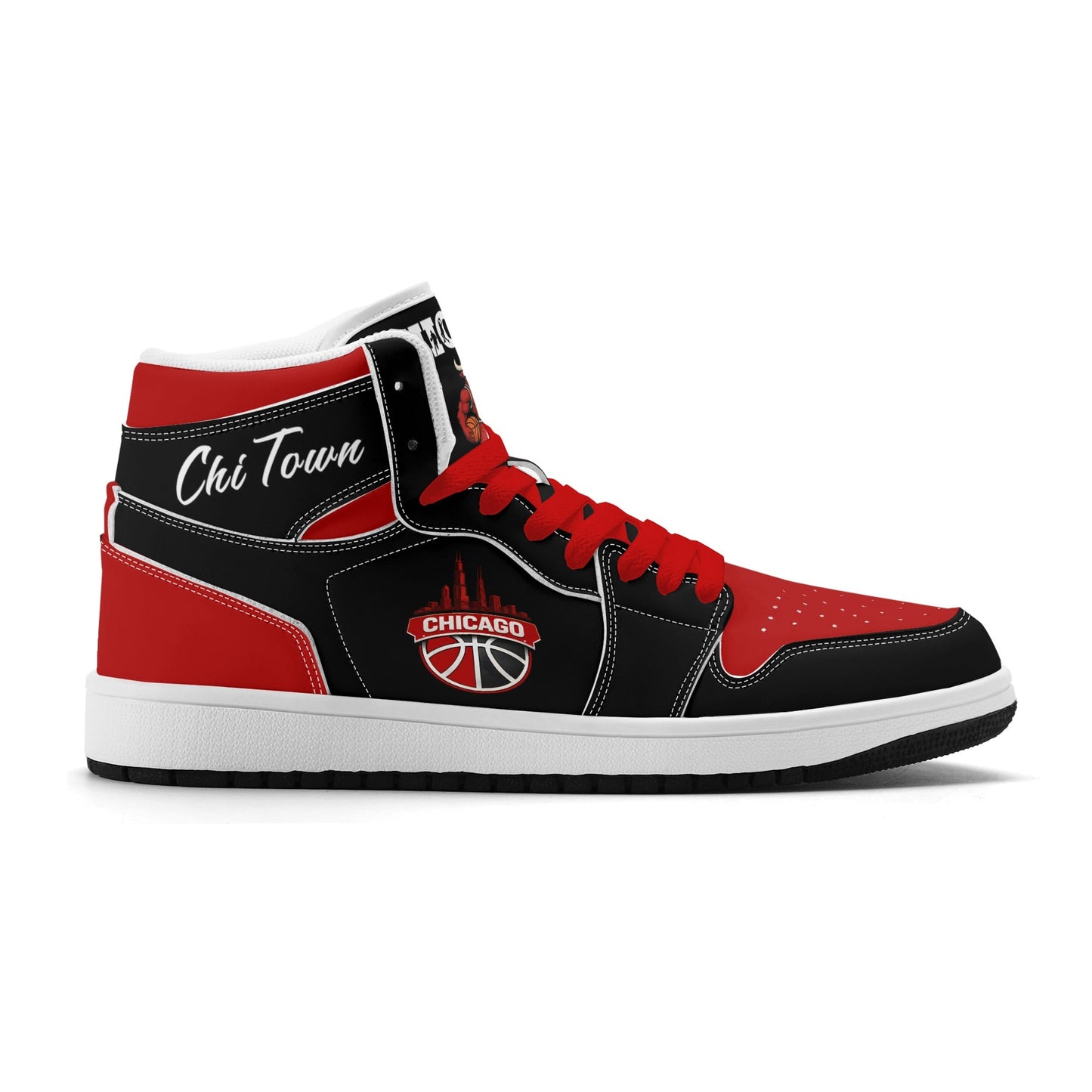 Chicago basketball-inspired high top sneakers in black with all-over city graphic printed upper