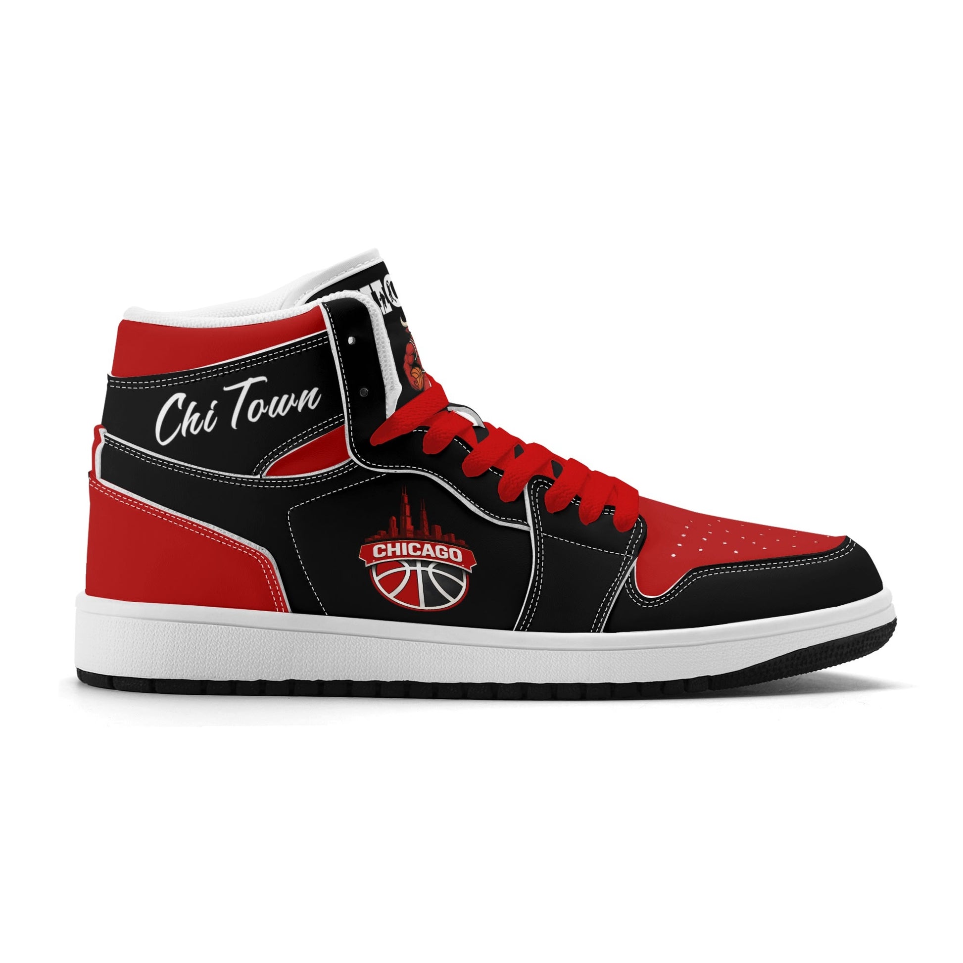 Chicago basketball-inspired high top sneakers in black with all-over city graphic printed upper