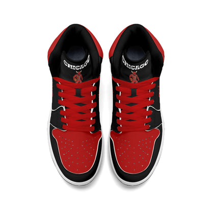 Chicago basketball-inspired high top sneakers in black with all-over city graphic printed upper