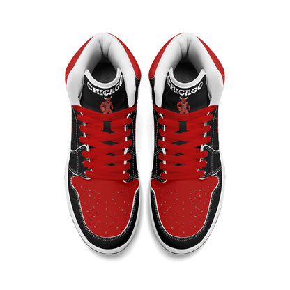 Chicago basketball-inspired high top sneakers in black with all-over city graphic printed upper