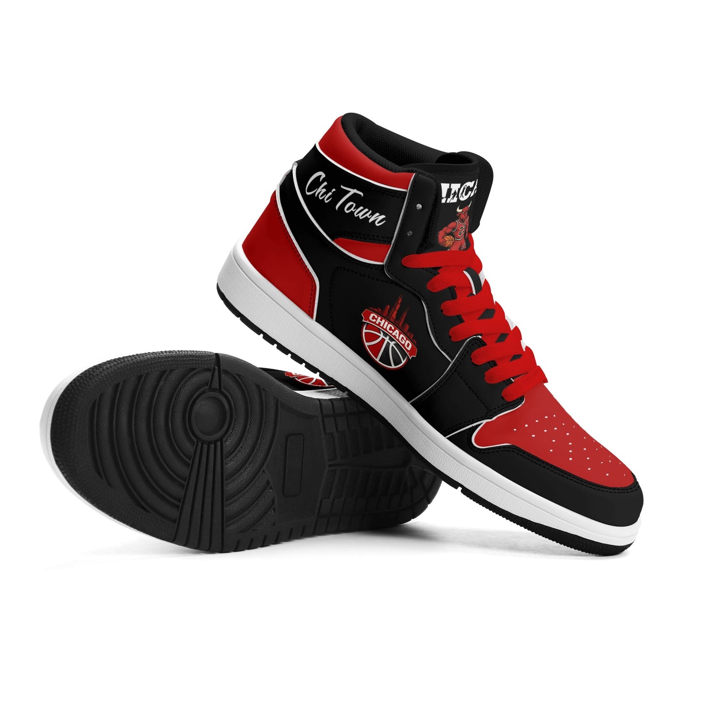 Chicago basketball-inspired high top sneakers in black with all-over city graphic printed upper