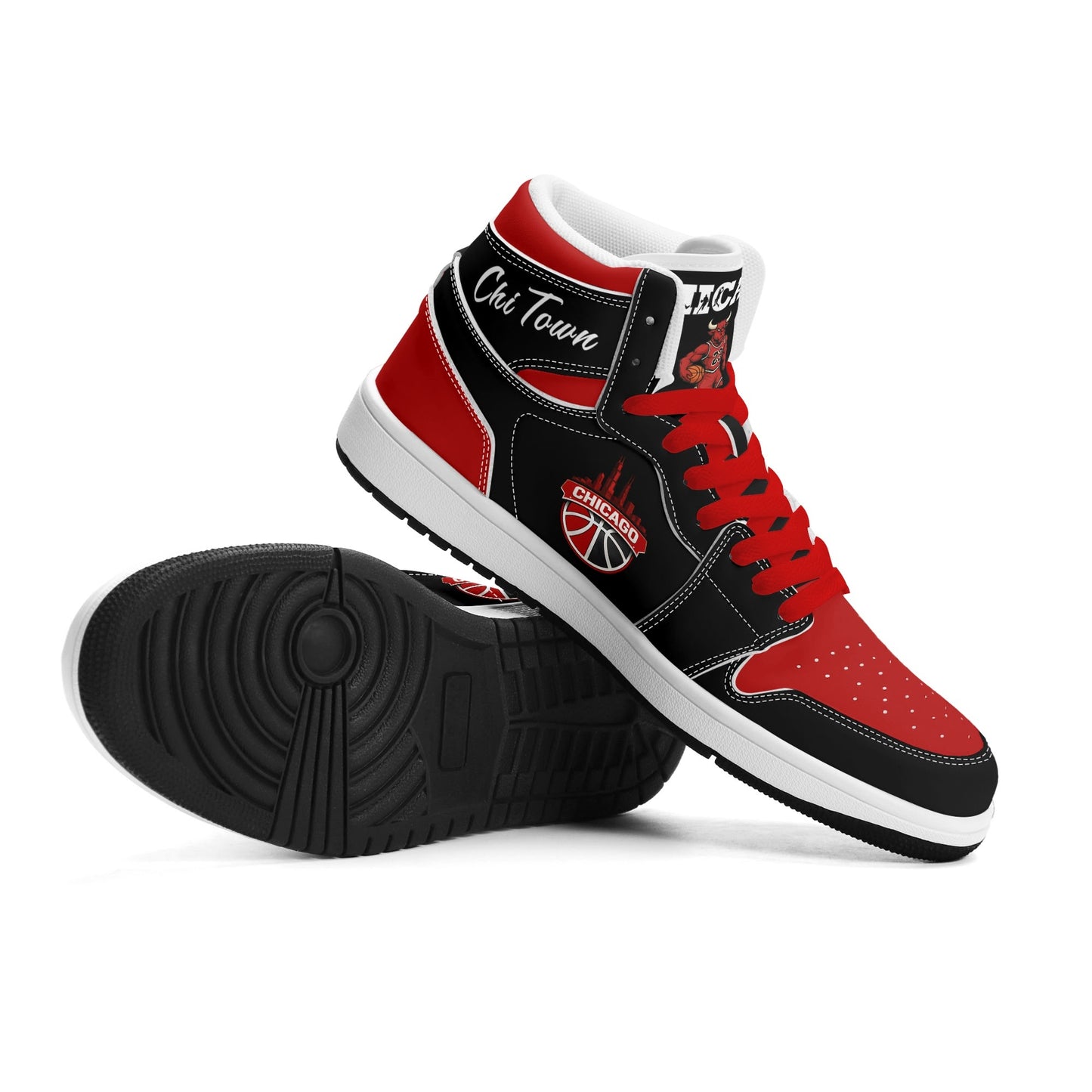 Chicago basketball-inspired high top sneakers in black with all-over city graphic printed upper