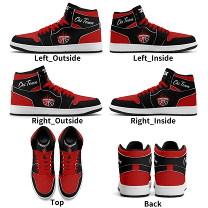 Chicago basketball-inspired high top sneakers in black with all-over city graphic printed upper