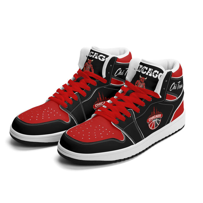 Chicago basketball Jamrock High top sneakers in black and red with Chi Town script collar and CHICAGO skyline badge