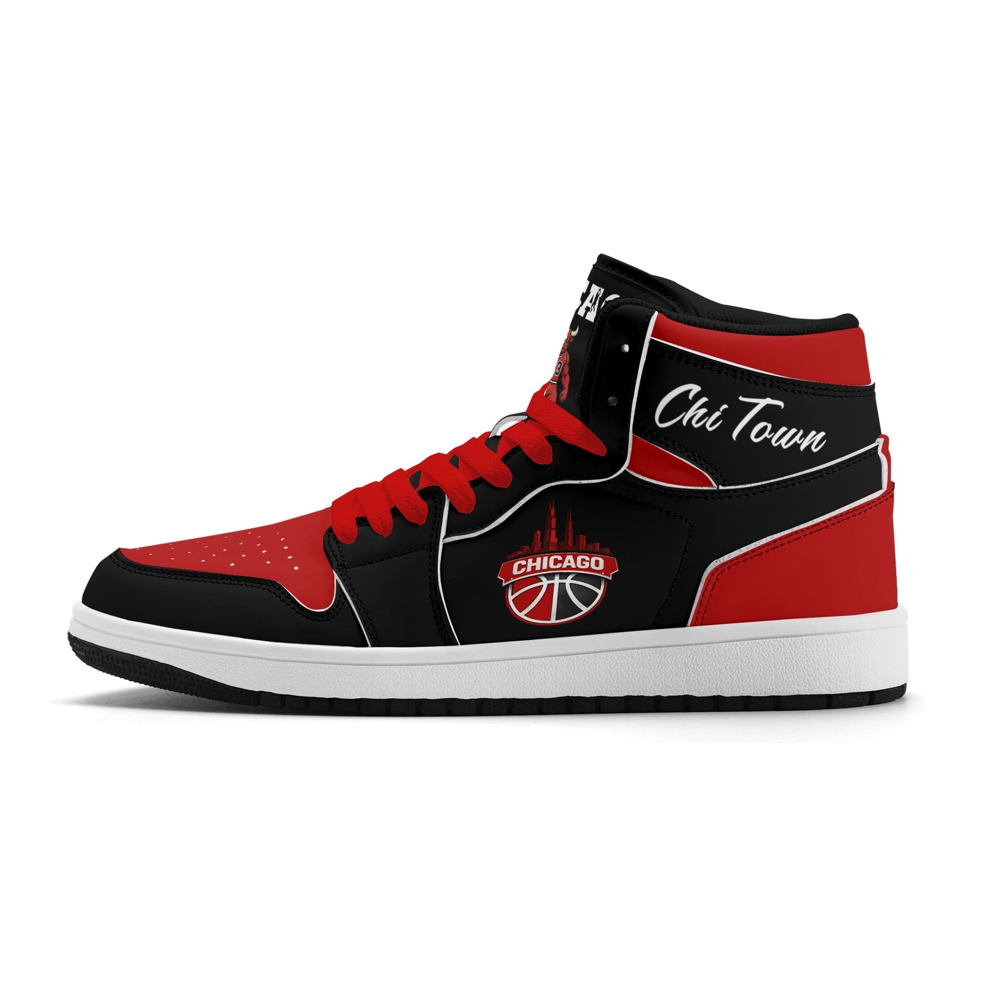 Chicago basketball-inspired high top sneakers in black with all-over city graphic printed upper