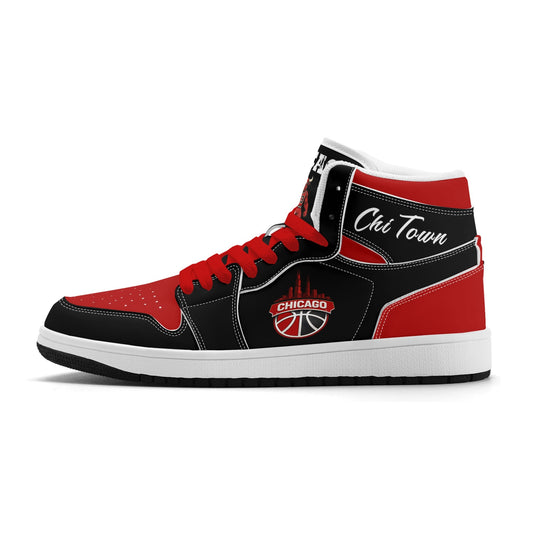 Chicago basketball-inspired high top sneakers in black with all-over city graphic printed upper