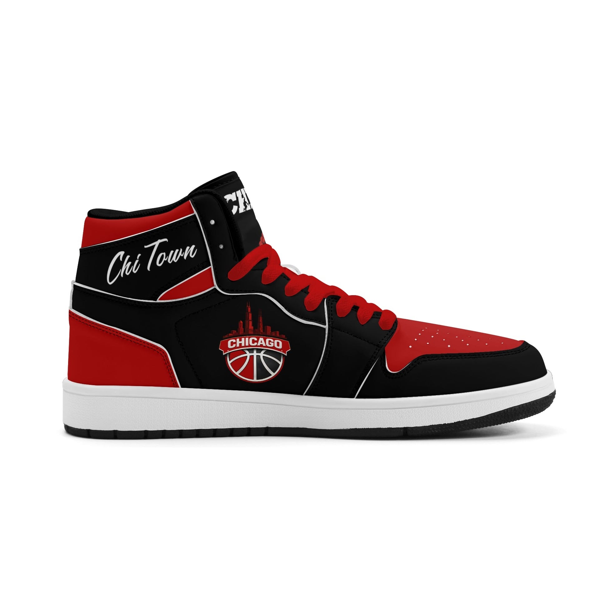 Chicago basketball-inspired high top sneakers in black with all-over city graphic printed upper