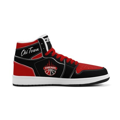 Chicago basketball-inspired high top sneakers in black with all-over city graphic printed upper