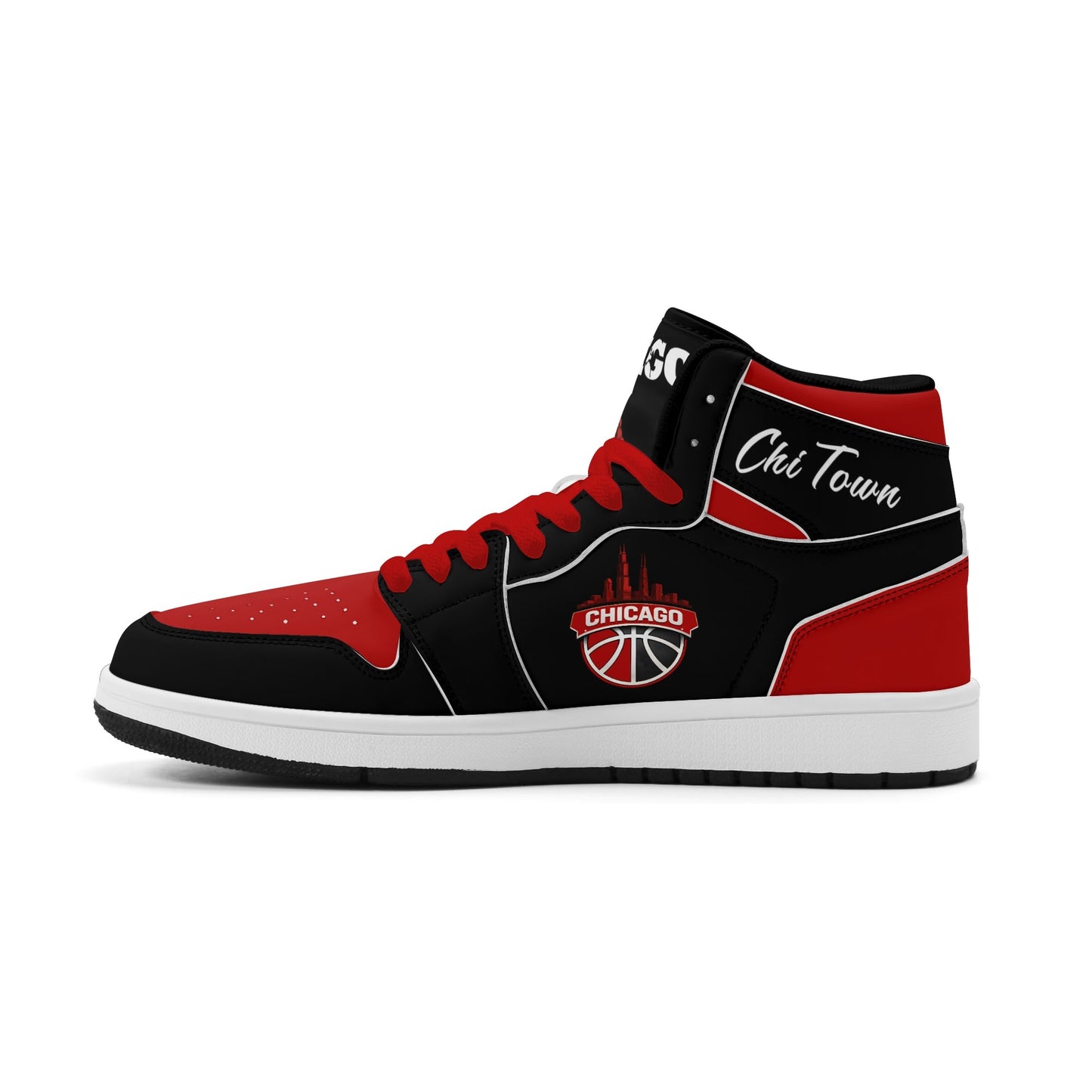 Chicago basketball-inspired high top sneakers in black with all-over city graphic printed upper
