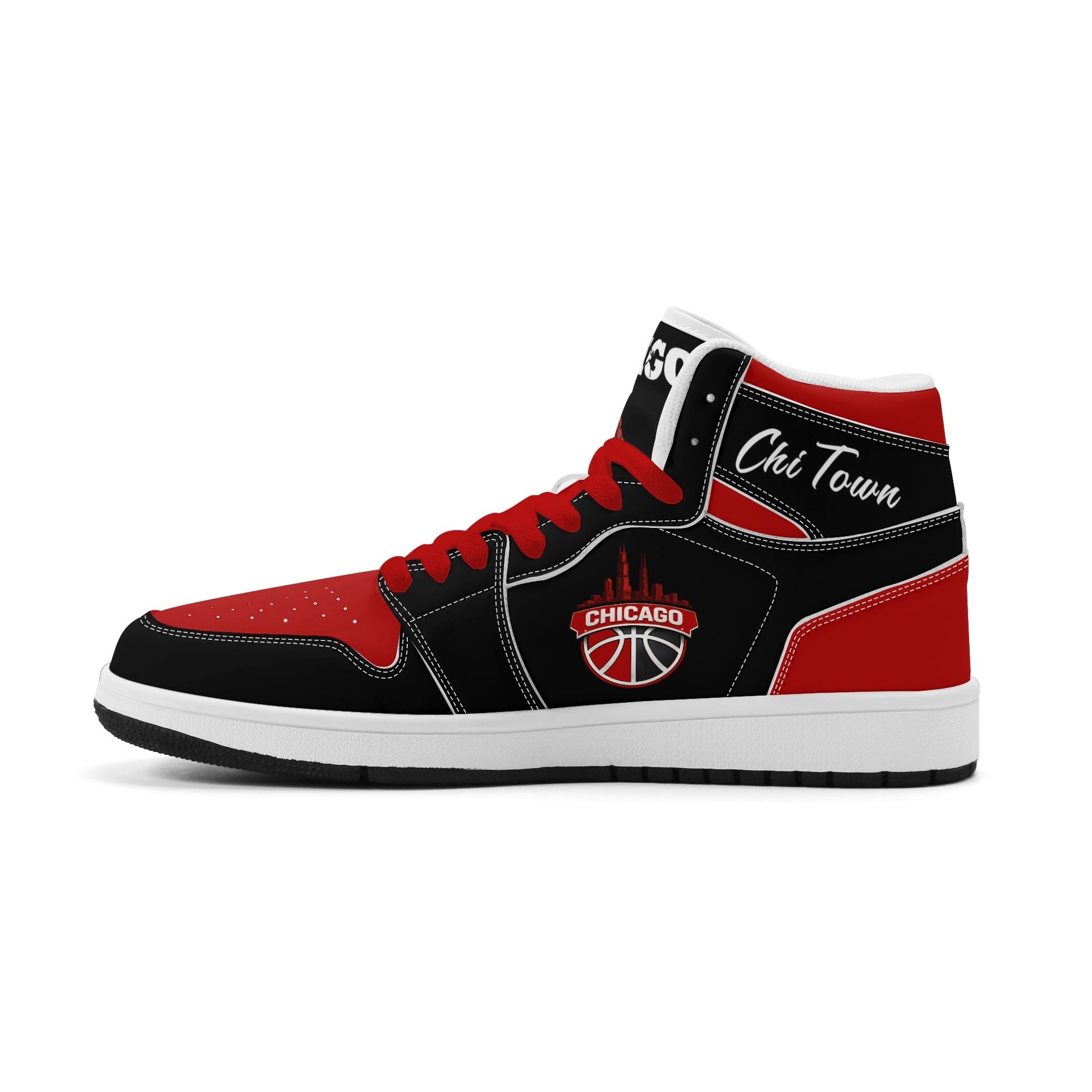 Chicago basketball-inspired high top sneakers in black with all-over city graphic printed upper