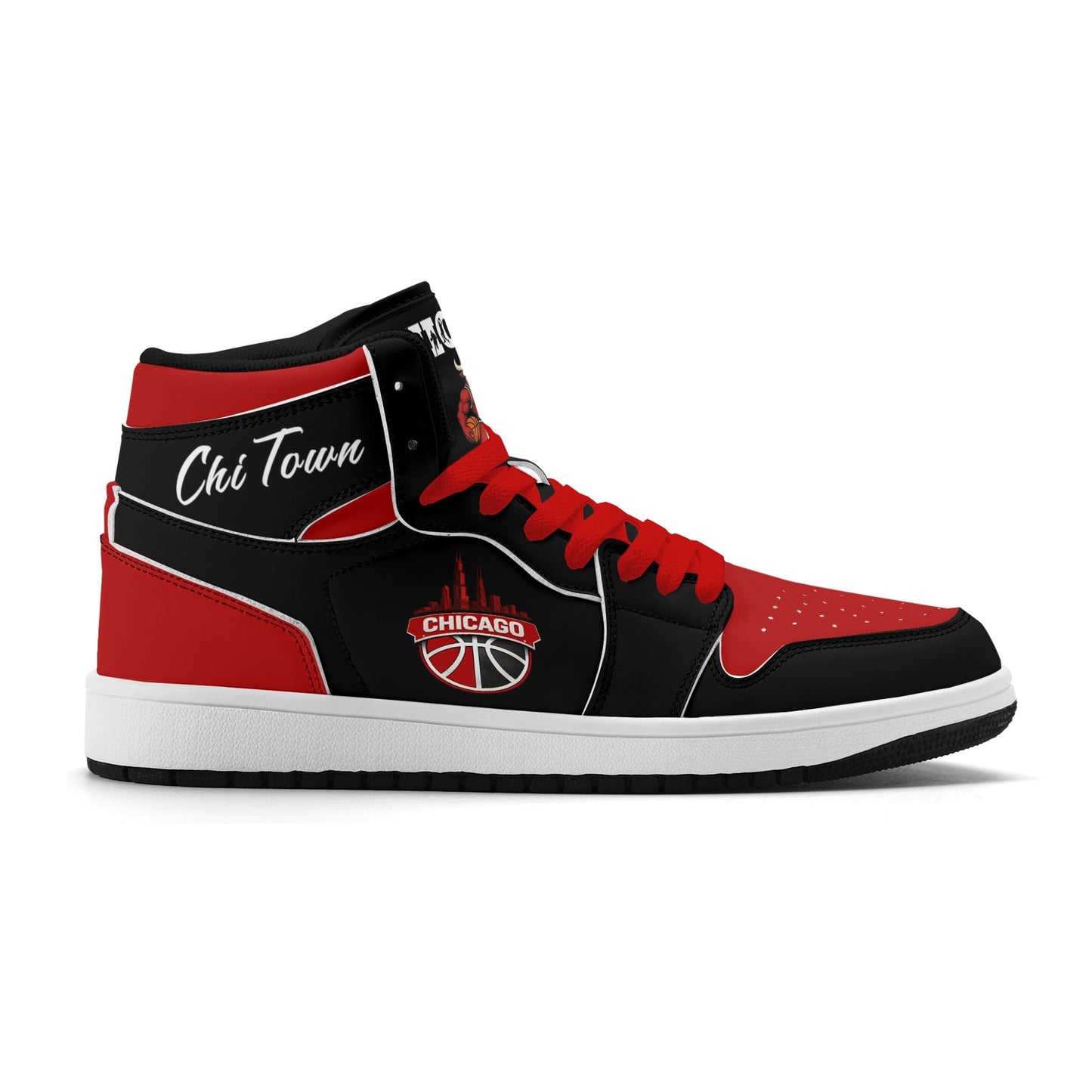 Chicago basketball-inspired high top sneakers in black with all-over city graphic printed upper