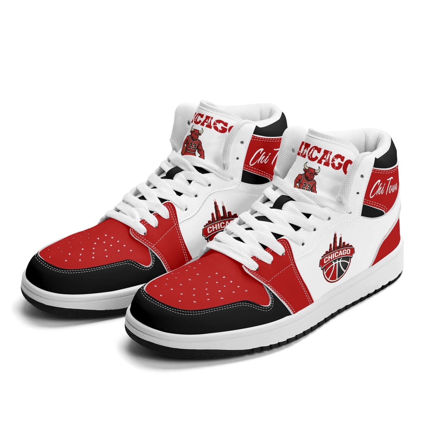 Chicago basketball-inspired high top sneakers in white with all-over city graphic printed upper