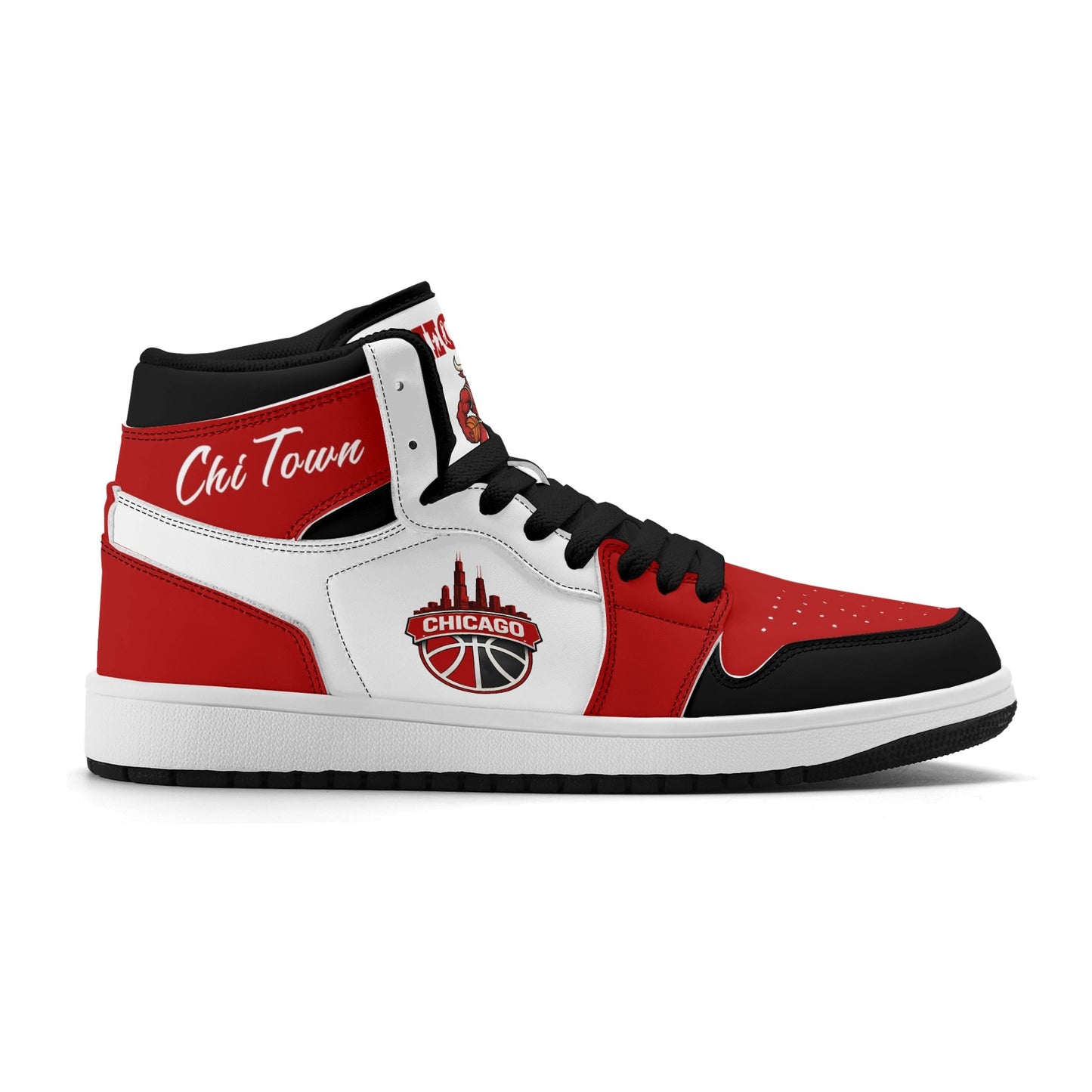 Chicago basketball-inspired high top sneakers in white with all-over city graphic printed upper