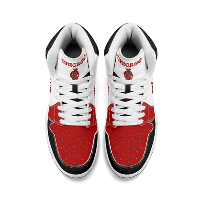 Chicago basketball-inspired high top sneakers in white with all-over city graphic printed upper