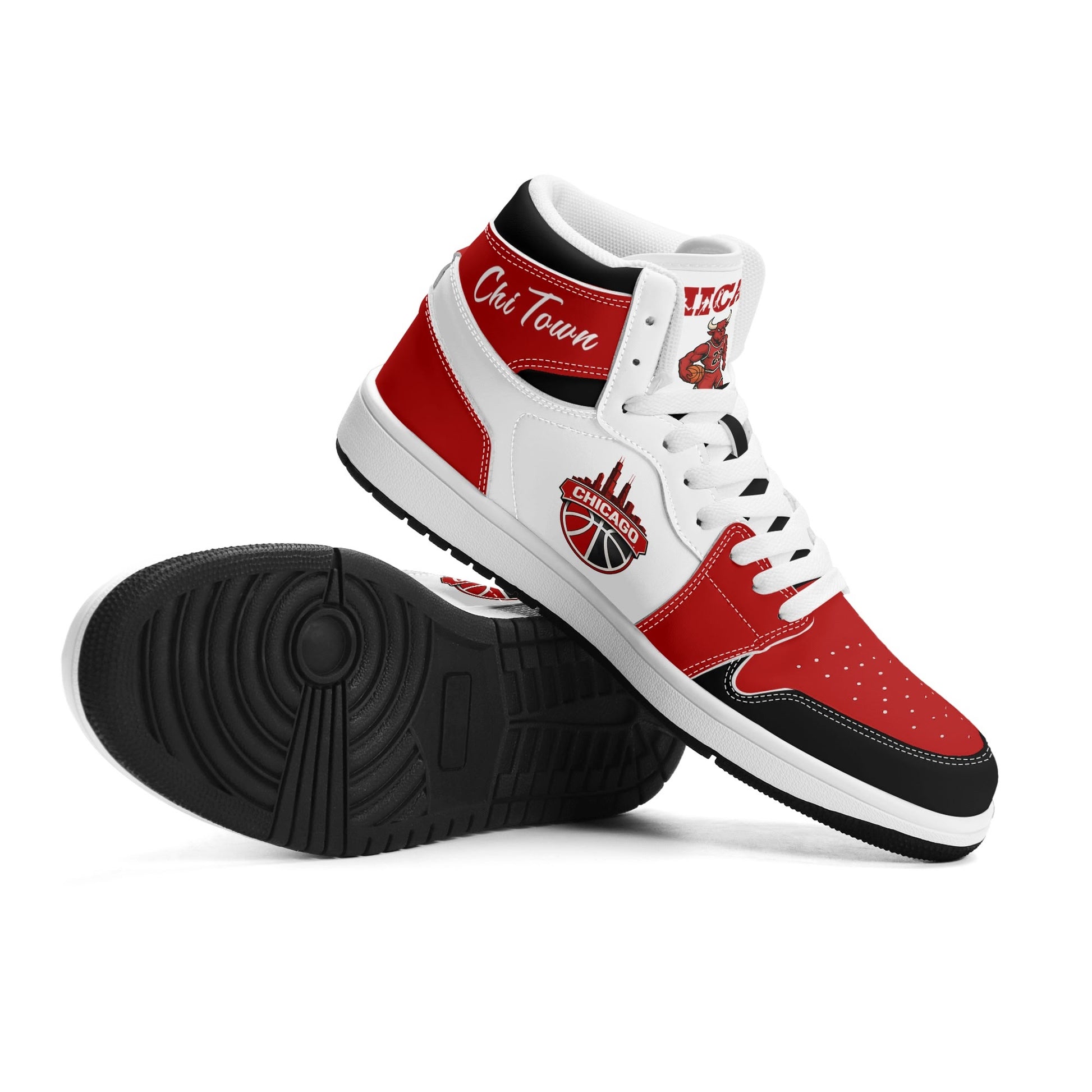 Chicago basketball-inspired high top sneakers in white with all-over city graphic printed upper