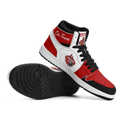 Chicago basketball-inspired high top sneakers in white with all-over city graphic printed upper