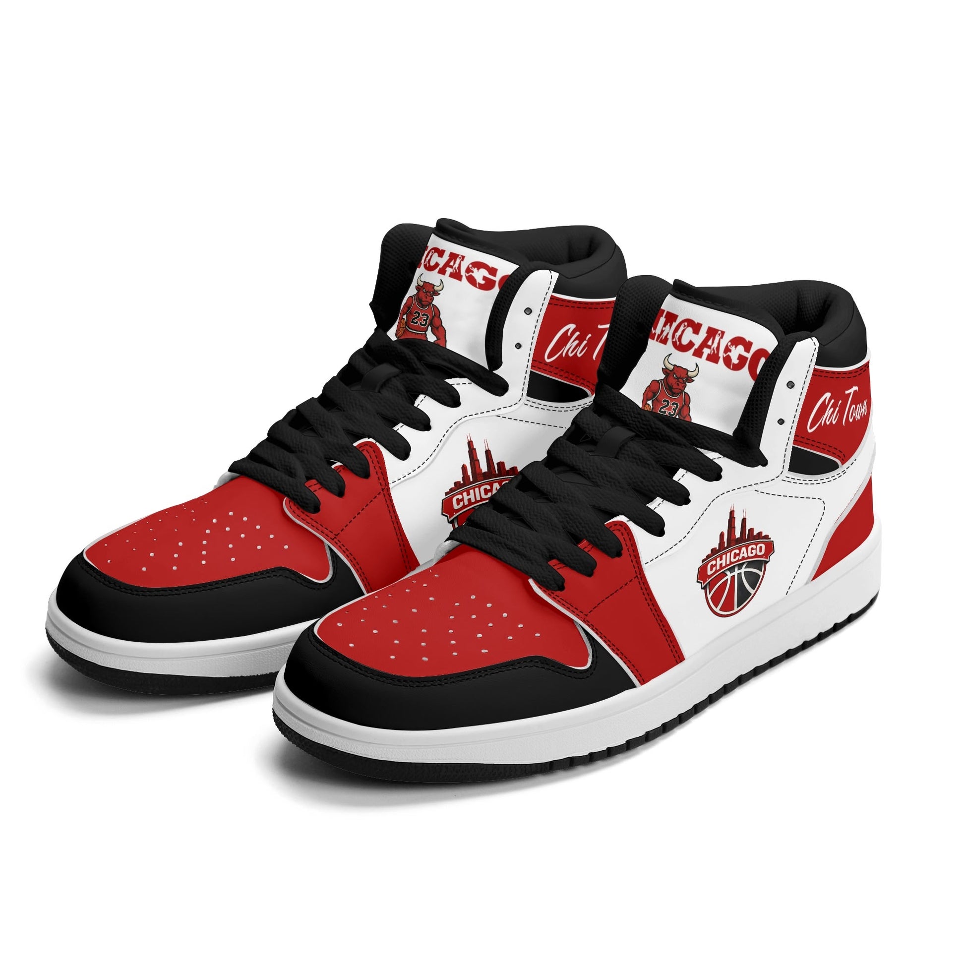 Chicago basketball-inspired high top sneakers in white with all-over city graphic printed upper