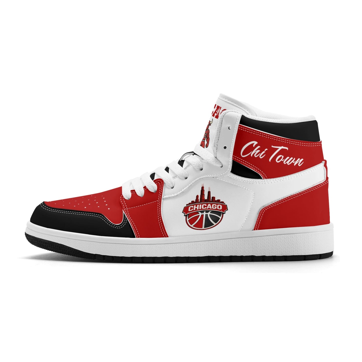 Chicago basketball-inspired high top sneakers in white with all-over city graphic printed upper