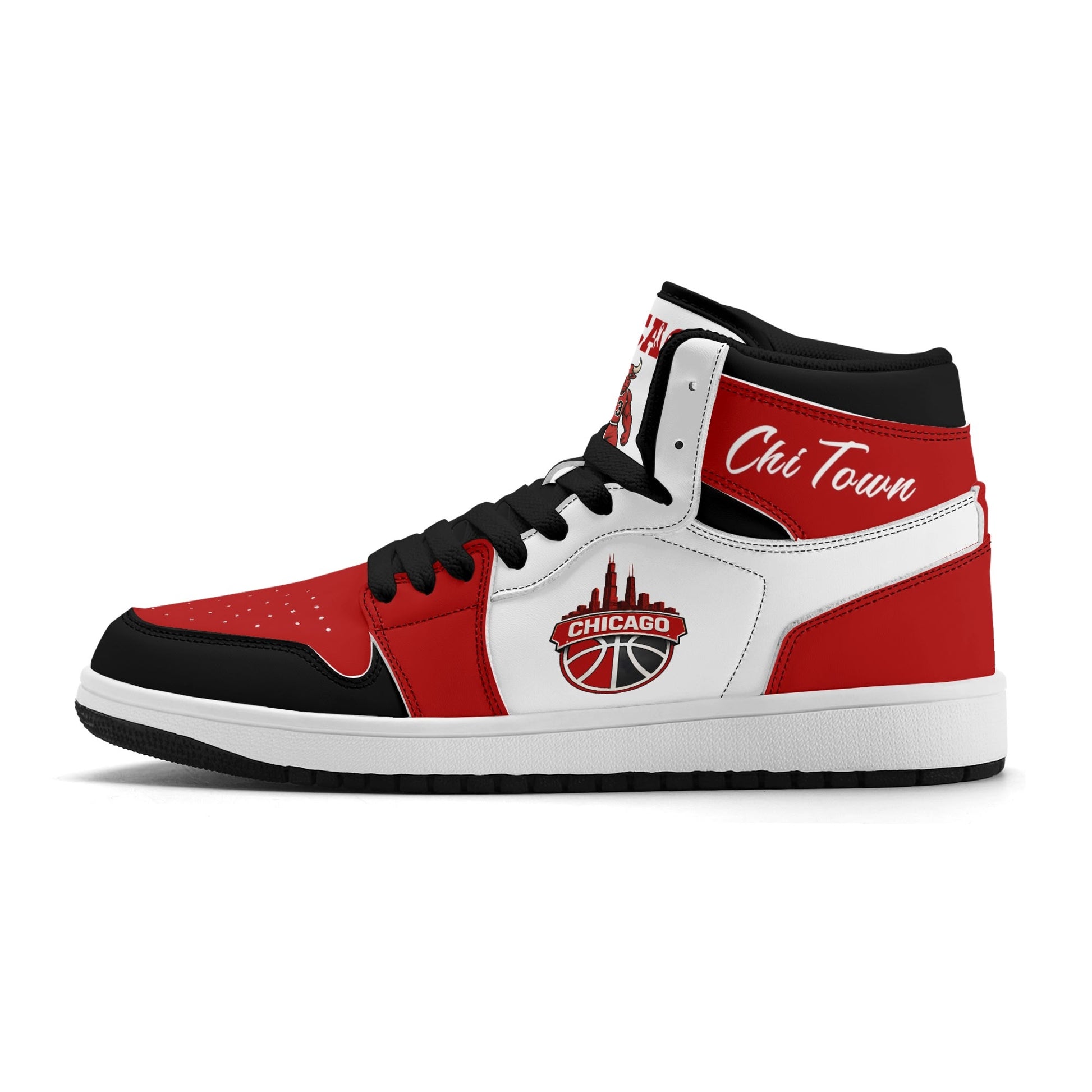Chicago basketball-inspired high top sneakers in white with all-over city graphic printed upper