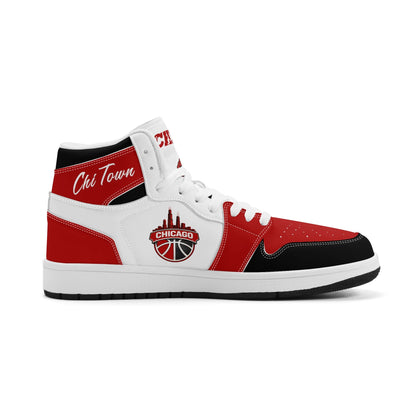 Chicago basketball-inspired high top sneakers in white with all-over city graphic printed upper
