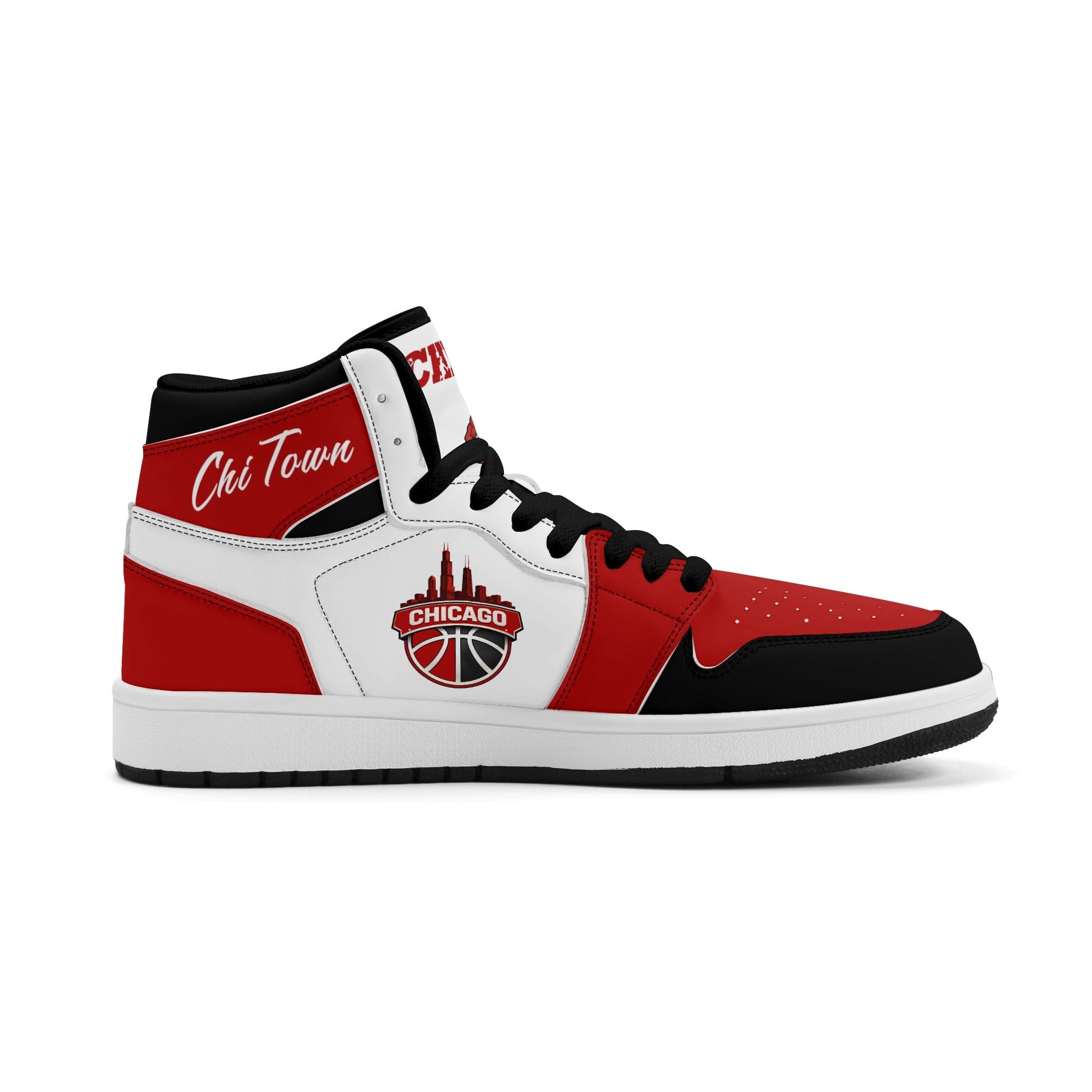 Chicago basketball-inspired high top sneakers in white with all-over city graphic printed upper