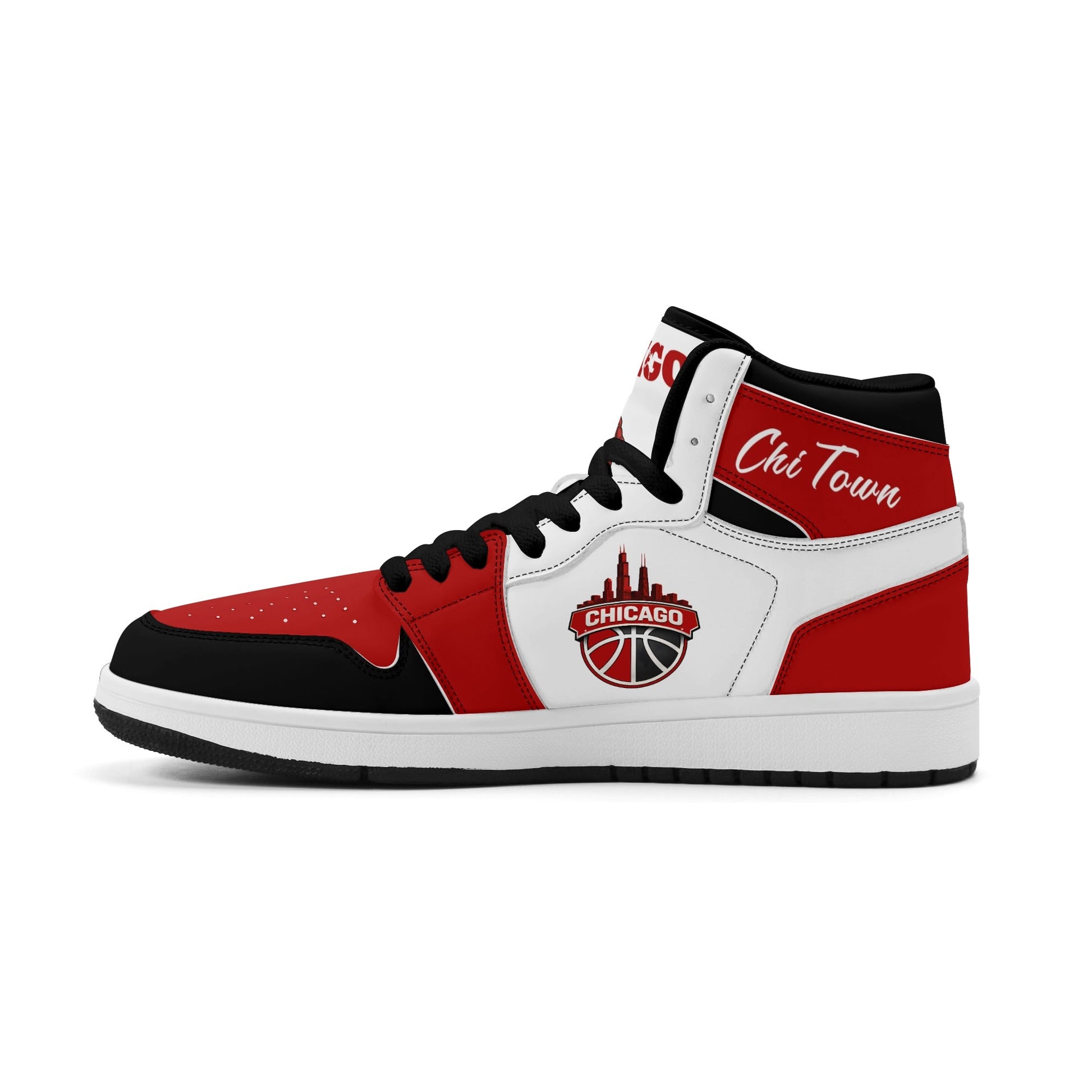 Chicago basketball-inspired high top sneakers in white with all-over city graphic printed upper