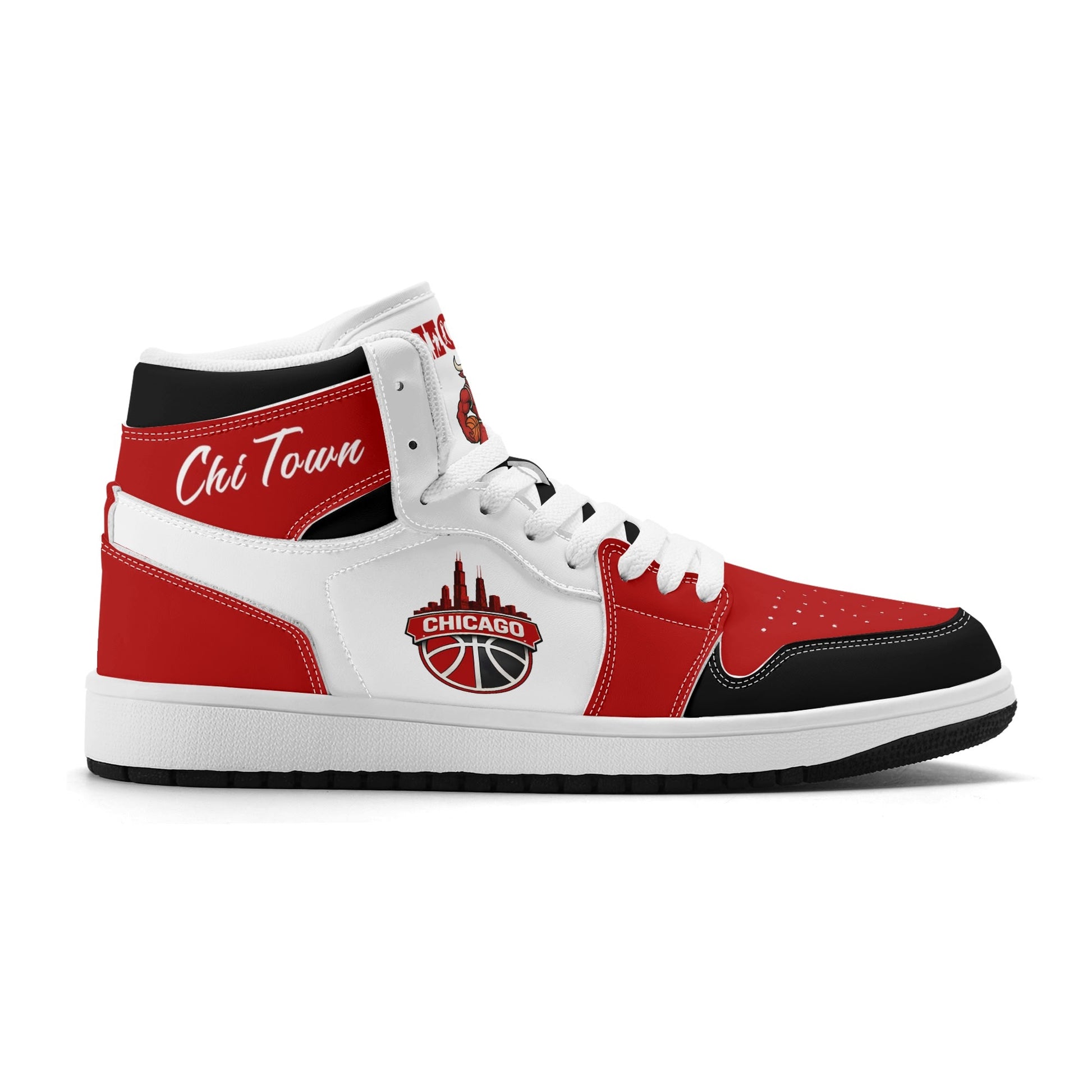 Chicago basketball-inspired high top sneakers in white with all-over city graphic printed upper