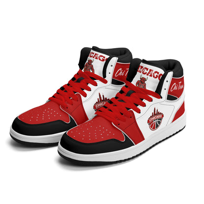 Chicago basketball-inspired high top sneakers in white with all-over city graphic printed upper