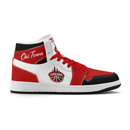 Chicago basketball-inspired high top sneakers in white with all-over city graphic printed upper