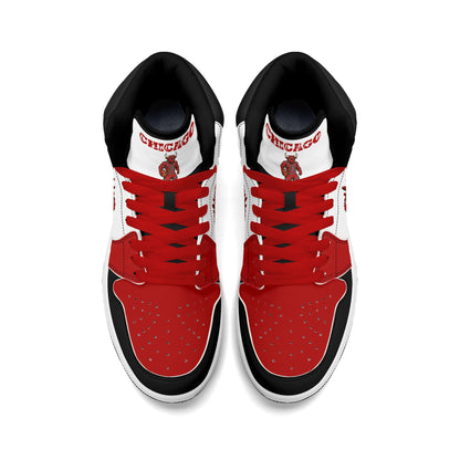 Chicago basketball-inspired high top sneakers in white with all-over city graphic printed upper