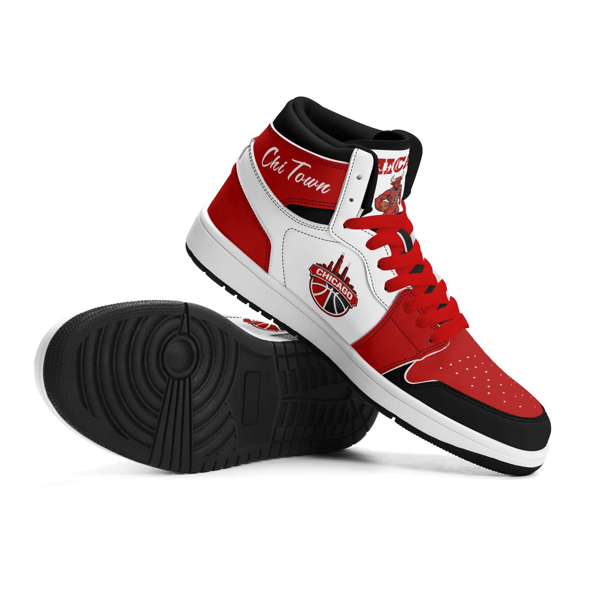 Chicago basketball-inspired high top sneakers in white with all-over city graphic printed upper