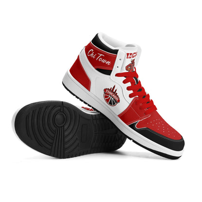 Chicago basketball-inspired high top sneakers in white with all-over city graphic printed upper