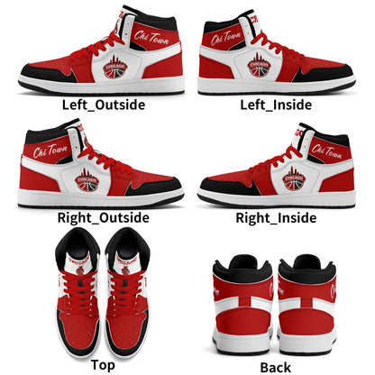 Chicago basketball-inspired high top sneakers in white with all-over city graphic printed upper