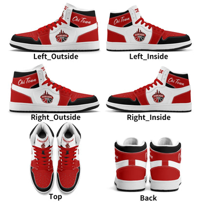 Chicago basketball-inspired high top sneakers in white with all-over city graphic printed upper