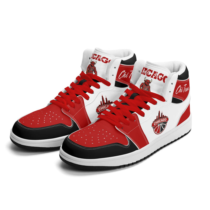 Chicago basketball Jamrock High top sneakers in white, red and black with Chi Town script collar and CHICAGO skyline badge