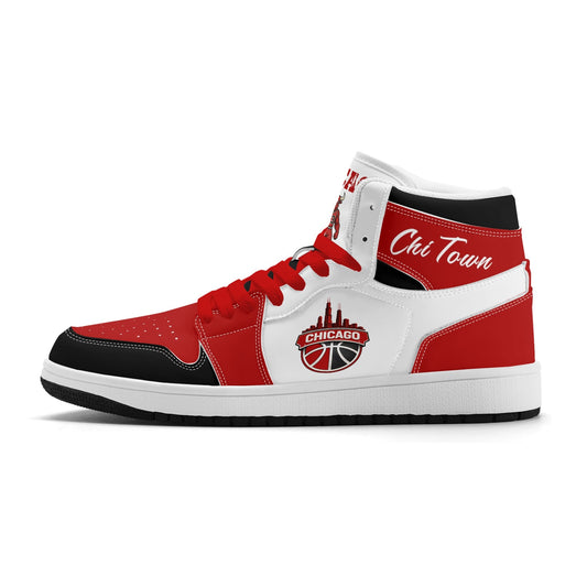 Chicago basketball-inspired high top sneakers in white with all-over city graphic printed upper