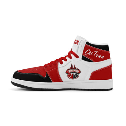 Chicago basketball-inspired high top sneakers in white with all-over city graphic printed upper