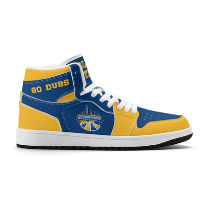 Bay Area basketball-inspired high top sneakers in blue with all-over city graphic printed upper