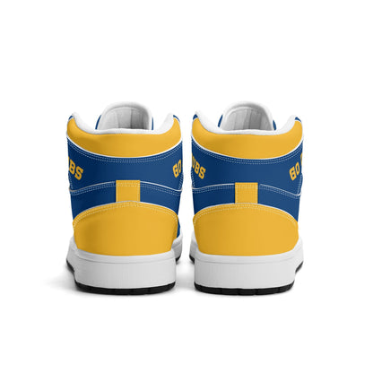Bay Area basketball-inspired high top sneakers in blue with all-over city graphic printed upper