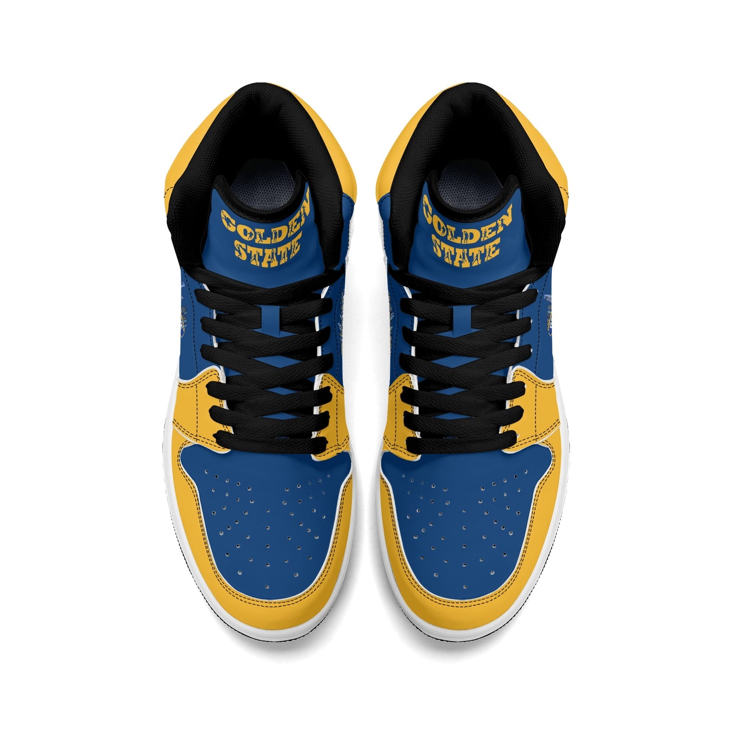 Bay Area basketball-inspired high top sneakers in blue with all-over city graphic printed upper
