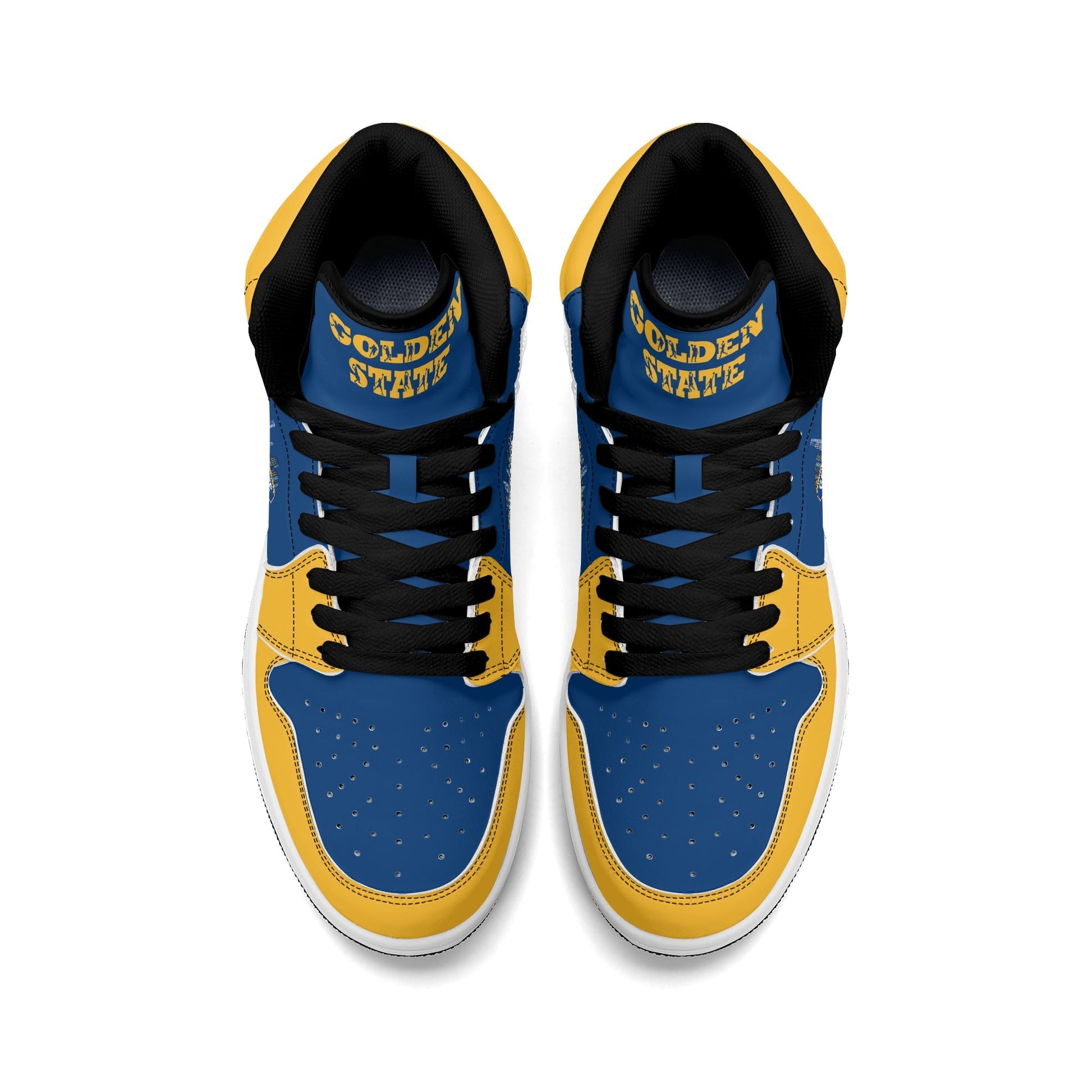 Bay Area basketball-inspired high top sneakers in blue with all-over city graphic printed upper