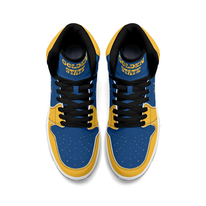 Bay Area basketball-inspired high top sneakers in blue with all-over city graphic printed upper