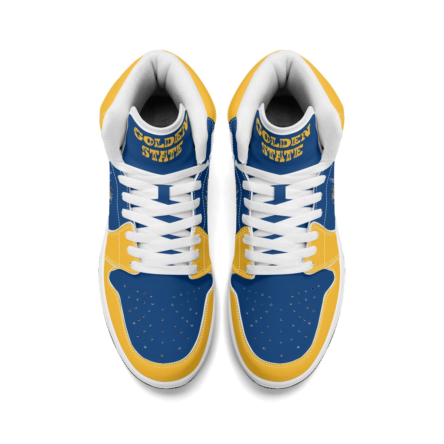 Bay Area basketball-inspired high top sneakers in blue with all-over city graphic printed upper